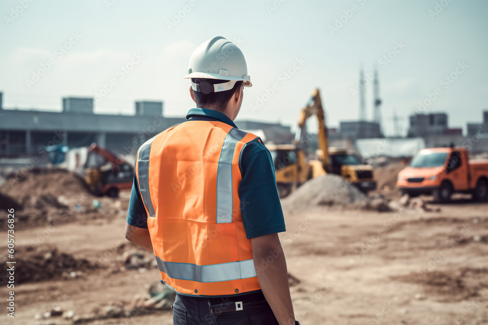 Poster portrait of a construction worker on the background of a building site. generative ai