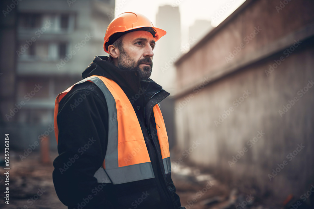 Poster portrait of a construction worker on the background of a building site. generative ai