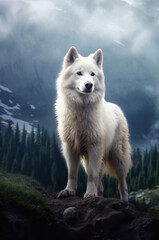 Obraz premium Beautiful white Swiss shepherd dog in a mountainous landscape created with Generative AI technology