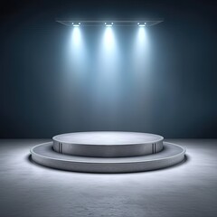 Round podium, empty stage illuminated spotlights isolated grey background ,Generative AI