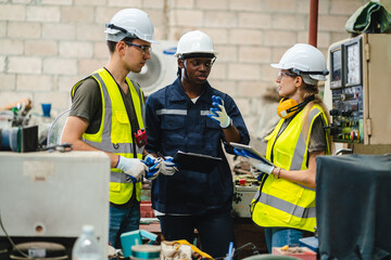 professional technician engineer working to control electrical power and safety service system,...