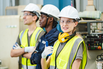 Testing new automation innovation tool for smart industrial, Professional robotic engineers specialist maintenance and control robot arm in factory warehouse, technician teamwork working together