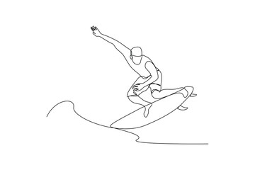Continuous one-line drawing man jumping surfing on the waves. Class it up concept. Single line drawing design graphic vector illustration