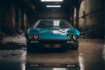 Abandoned fan made soviet sport car: a vintage, forgotten relic left to gather dust in an old warehouse. Generative AI
