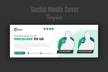 Medical care and treatment social media post or timeline cover or webinar design template for service promotion with abstract light green gradient color shape