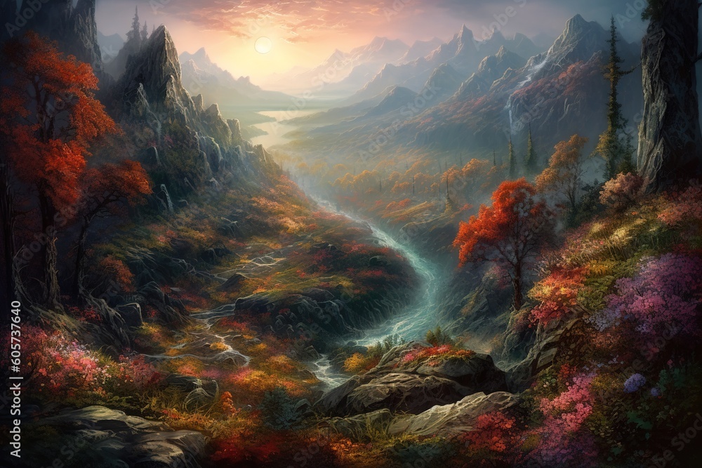 Poster an image depicting a mountain valley with a river cutting across the middle of it generative ai