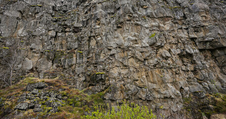 Thingvellir National Park of Iceland, view from the place where the two tectonic plates of Europe and America split away. Travel through the landscapes of Iceland.