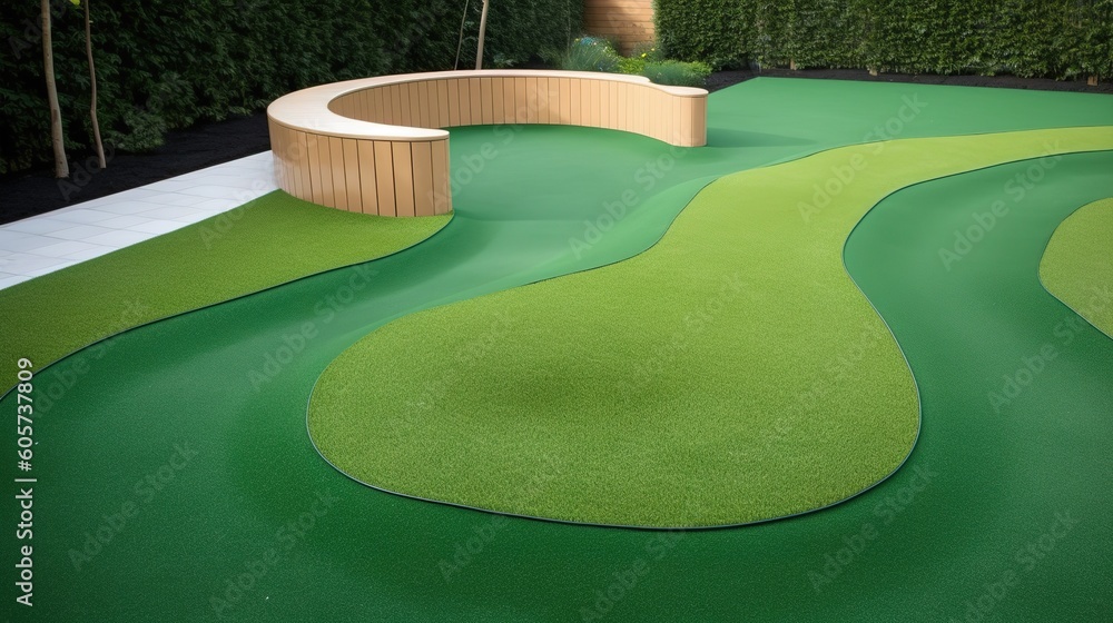 Poster a verdant field that has a curving seat placed right in the midst of it generative ai
