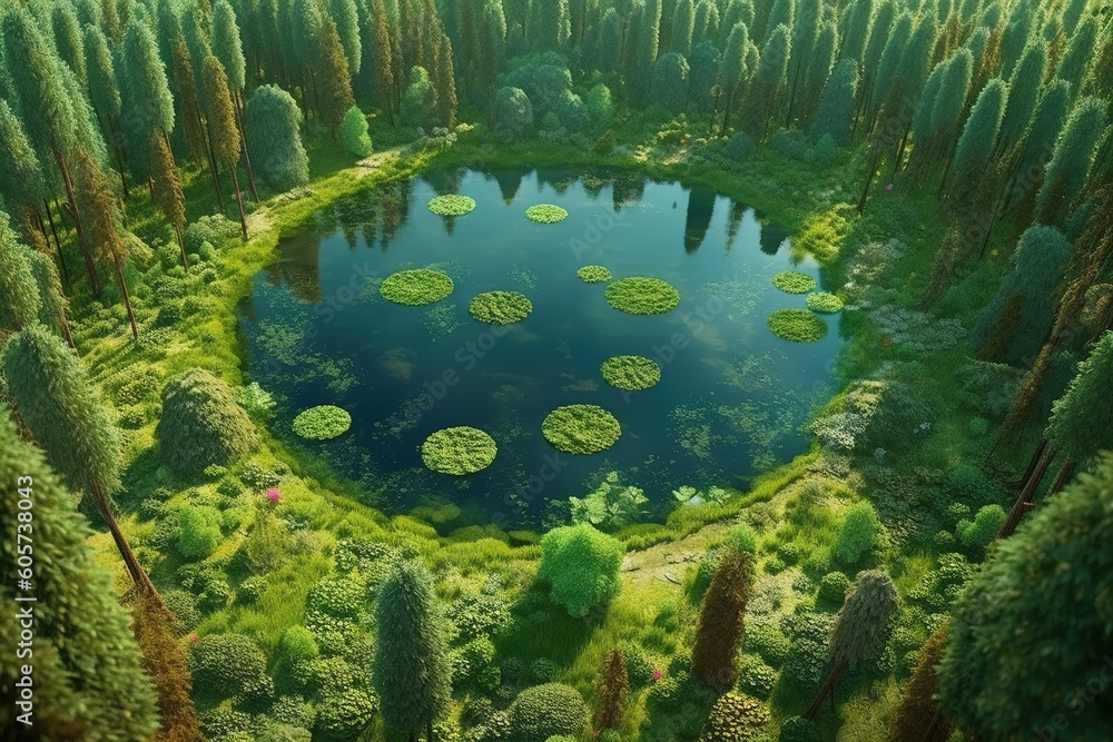 Poster an overhead perspective of a pond that is encircled by trees generative ai