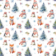 Watercolor Christmas pattern with snowman, fox, penguin, christmas trees and gift boxes isolated on white. Can be used for wrapping paper, textile, wallpaper, cards. 