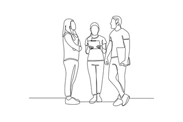 Single one-line drawing three students discussing. Diversity in college concept. Continuous line drawing illustration