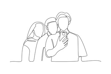 Single one-line drawing three best friends selfie in class. Diversity in college concept. Continuous line drawing illustration