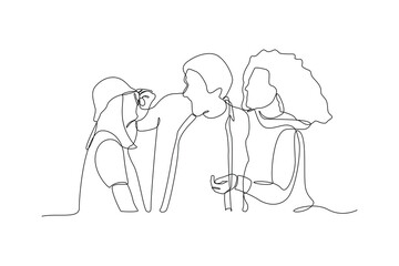 Single one-line drawing three friends joking together. Diversity in college concept. Continuous line drawing illustration