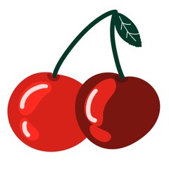 Fresh ripe cherry with leaves, hand drawn illustration, isolated on white background