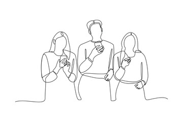 Single one-line drawing three college students studying with cell phones. Diversity in college concept. Continuous line drawing illustration