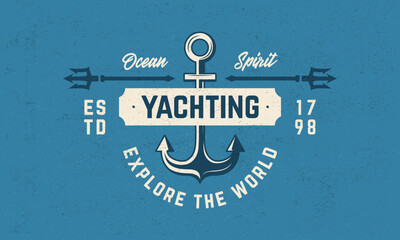 Nautical, Marine poster, emblem template., Yachting vintage logo, poster. Sea logo with anchor and tridents. Print for t-shirt. Vector illustration.