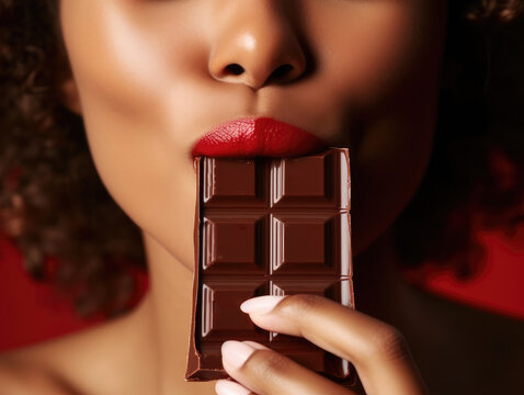 Close-up shot of beautiful woman lips with chocolate