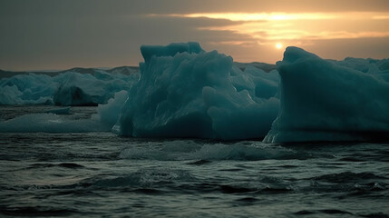 Fototapeta na wymiar Ice floes breaking off glacier with sunset in the background.