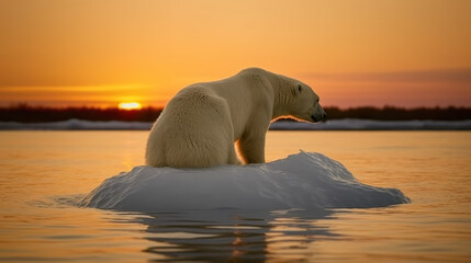 Polar bear isolated on ice floe with sunset in the background.