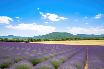 Naklejka na ściany i meble lavender field with rolling hills and a clear blue sky, created with generative ai
