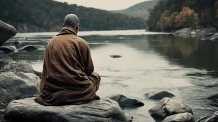 Buddhist monk sitting on his back and in the background a beautiful river