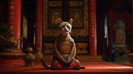 Adorable cat in buddhist clothing in temple