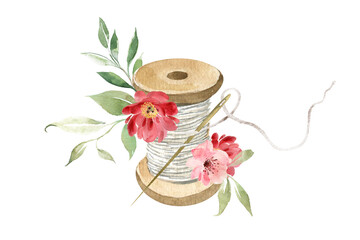 Sewing logo. Watercolor, spool of thread and flowers. Vintage logo. Retro tailor logo.