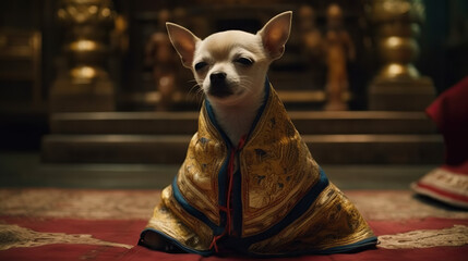 Adorable dog with buddhist dress in temple.