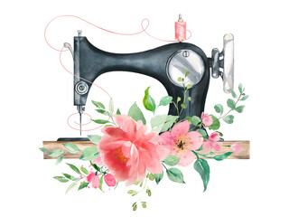 Retro sewing machine and flowers - sewing logo. Vintage atelier logo.