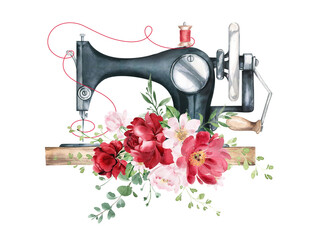 Sewing machine and flowers watercolor sewing logo. Boho logo. Vintage illustrathion.