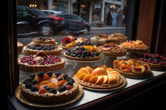 Display Of Fruit Pies And Tarts In Bakery Window, Enticing Passersby, Created With Generative Ai