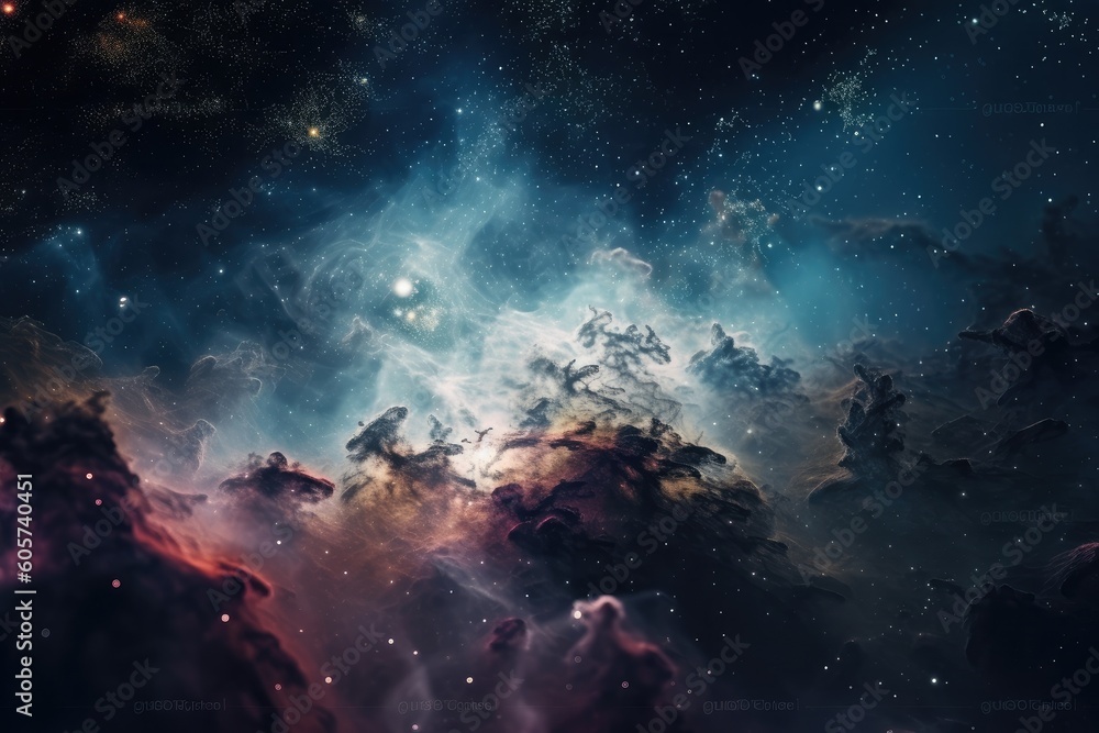 Poster vast and colorful nebula, with shining stars in the background, created with generative ai