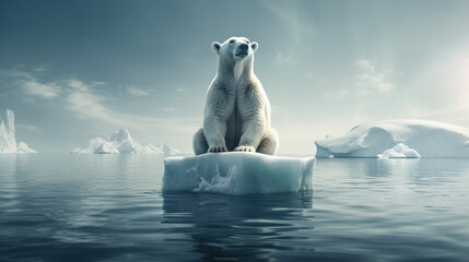Fototapeta na wymiar Polar bear sitting majestically on floating ice block.