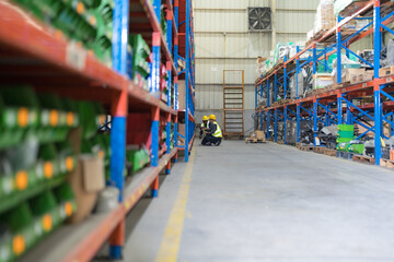 Warehouse workers and managers check stock .