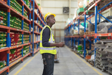 Male factory manager standing laptop.