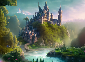 panorama of the castle. Enchanting Fairytale Castle: A Magical Journey through a Lush Forest