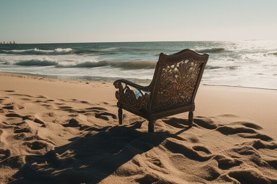 A sunny beach scene with lounge chair and ocean waves. Generative AI