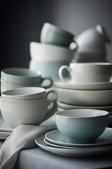Household ceramic items. Pastel color crockery: stacks of bowls and mugs. AI generated
