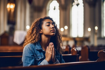 Young woman praying to god in church. Faith in religion and belief in God. Power of hope or love and devotion. - obrazy, fototapety, plakaty