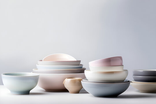 Household ceramic items. Pastel color crockery: stacks of bowls and mugs. AI generated