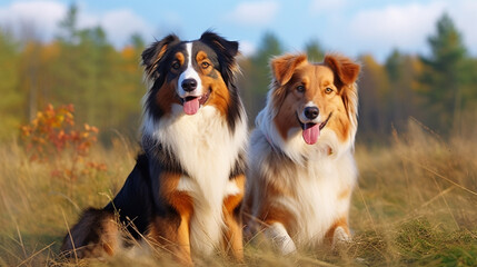 portrait of a beautiful brown and white domestic Australian shepherd dog