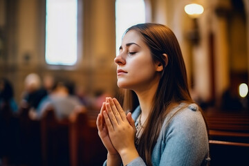 Young woman praying to god in church. Faith in religion and belief in God. Power of hope or love and devotion. - obrazy, fototapety, plakaty