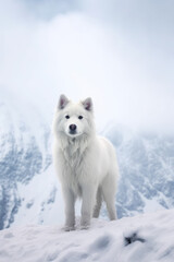 Obraz premium Beautiful white Swiss shepherd dog in a mountainous landscape in winter created with Generative AI technology