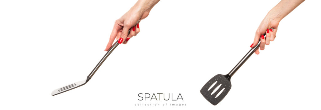 Female Hand Hold Spatula. Isolated On A White Background