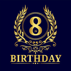  8 Years Celebration, 8th Years Luxury Gold Number Birthday Vector Design, Birthday Elements, Birthday Logo Design.