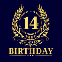  14 Years Celebration, 14th Years Luxury Gold Number Birthday Vector Design, Birthday Elements, Birthday Logo Design