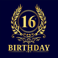 16 Years Celebration, 16th Years Luxury Gold Number Birthday Vector Design, Birthday Elements, Birthday Logo Design