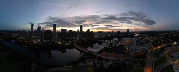Aerial scenes of Austin Texas, including Lake Travis, Lake Austin, Tom Miller Dam, Mansfield Dam, Texas Hill Country, downtown Austin skyline, etc.