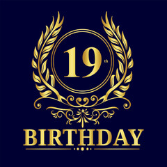 19 Years Celebration, 19th Years Luxury Gold Number Birthday Vector Design, Birthday Elements, Birthday Logo Design
