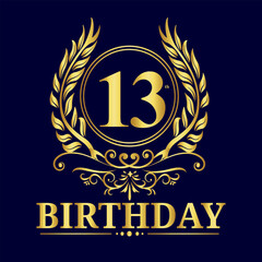13 Years Celebration, 13th Years Luxury Gold Number Birthday Vector Design, Birthday Elements, Birthday Logo Design